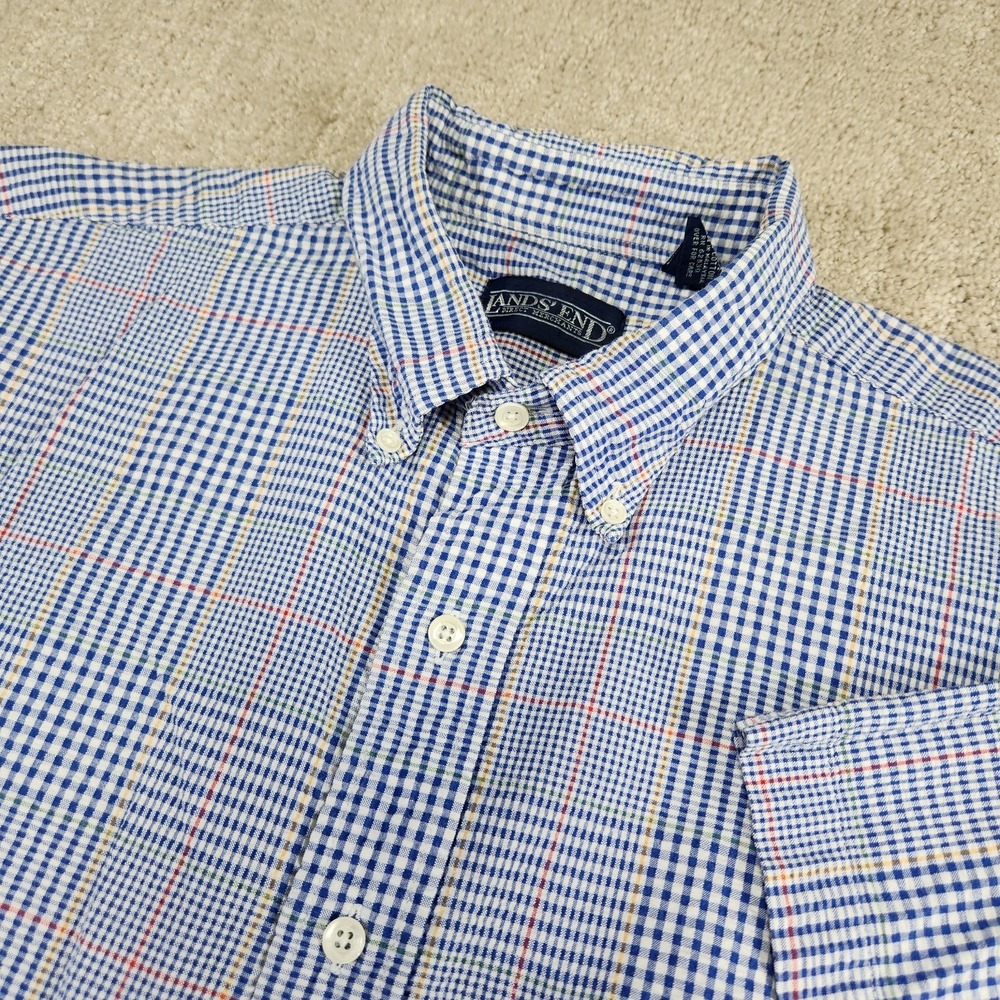 Vintage Lands End Shirt Men Large Seersucker Blue Plaid Button Down Short Sleeve